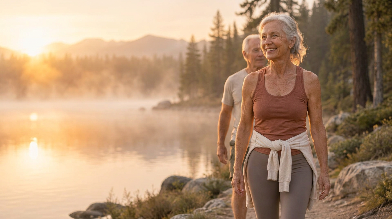 A fit woman in her late seventies walking a lakeshore trail at sunrise, a man a step behind her